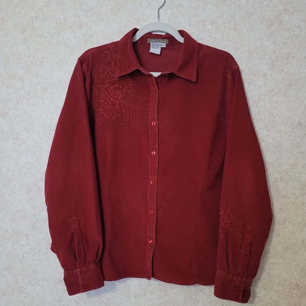 Red Embroidered Corduroy Button Shirt  Isabella Bird  Womens Size XL - Picture 2 of 15